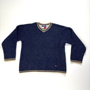 Vintage Tommy Hilfiger Mens V Neck Wool Blend Sweater Blue Sz Large Knit